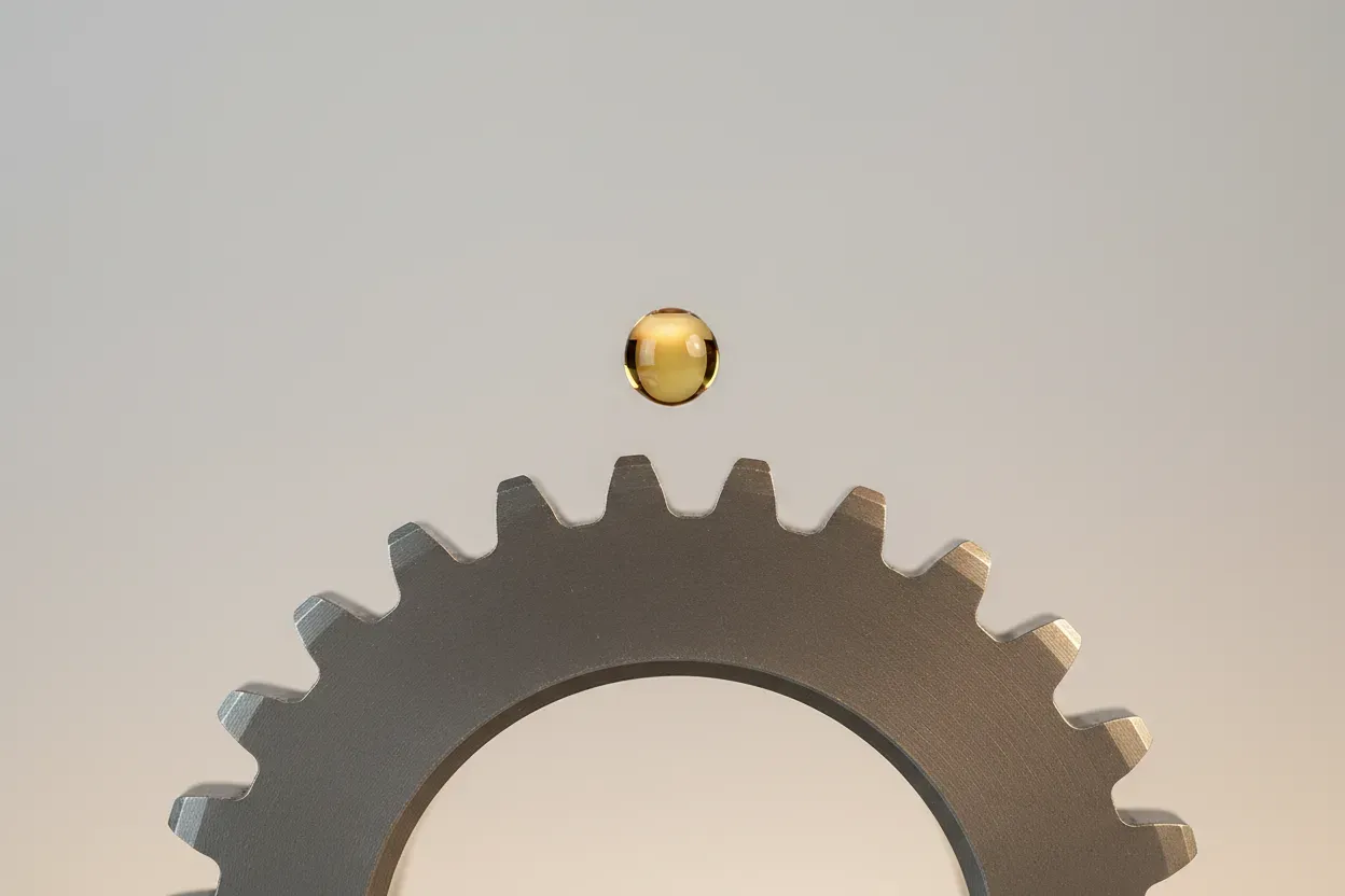 Golden oil droplet about to land on a steel gear tooth, signaling a turning point on a soft neutral background.