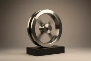 Polished steel flywheel on a minimal stand against a soft gray background, suggesting momentum and scalable systems.