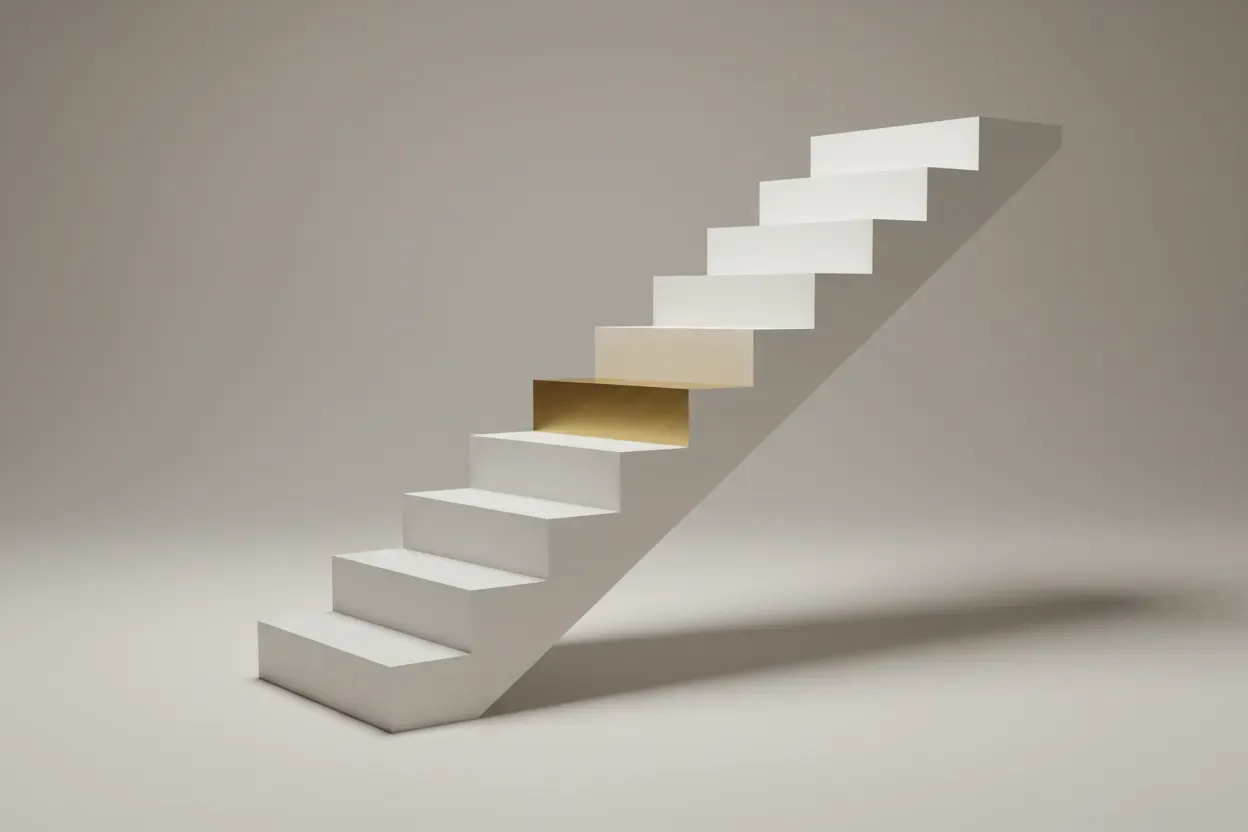 Minimalist staircase with one glowing brass step on a neutral background, symbolizing a structured career sponsorship pathway.