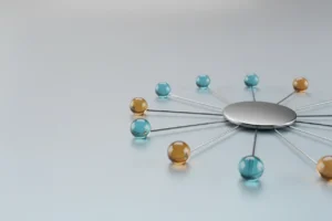Central metallic hub with connected glass nodes on a soft gradient background, symbolizing scalable internal communication.