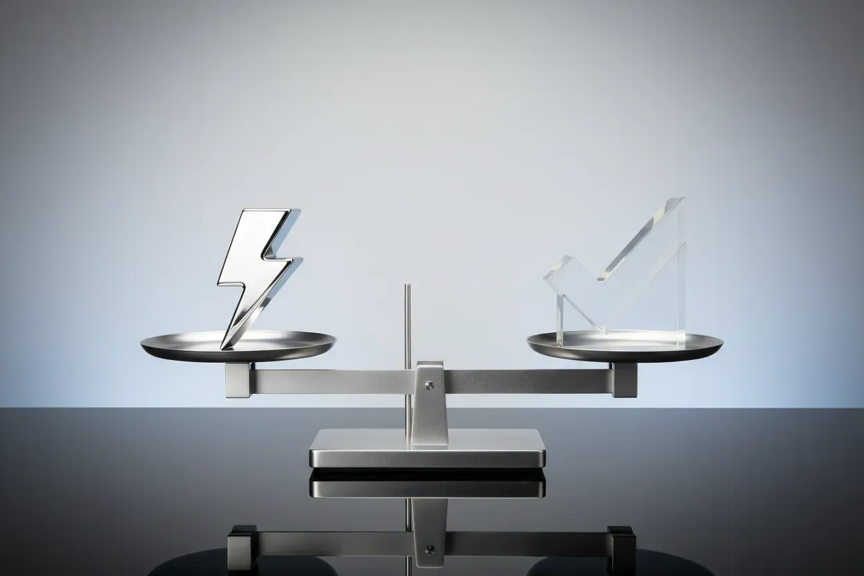 Balanced scale with a chrome lightning bolt and glass checkmark on a soft gray background, symbolizing speed and quality in harmony.
