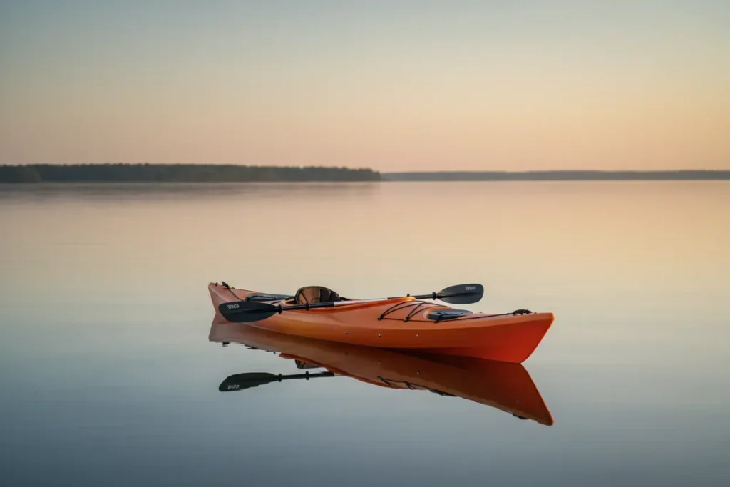 Lone saffron kayak with paddle on a calm misty lake at dawn, soft neutral background.