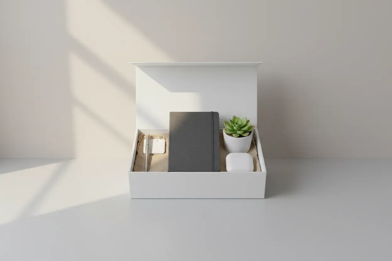 Open onboarding kit on a clean desk with notebook, keycard, pen, earbuds case, and a small plant on a soft neutral background.