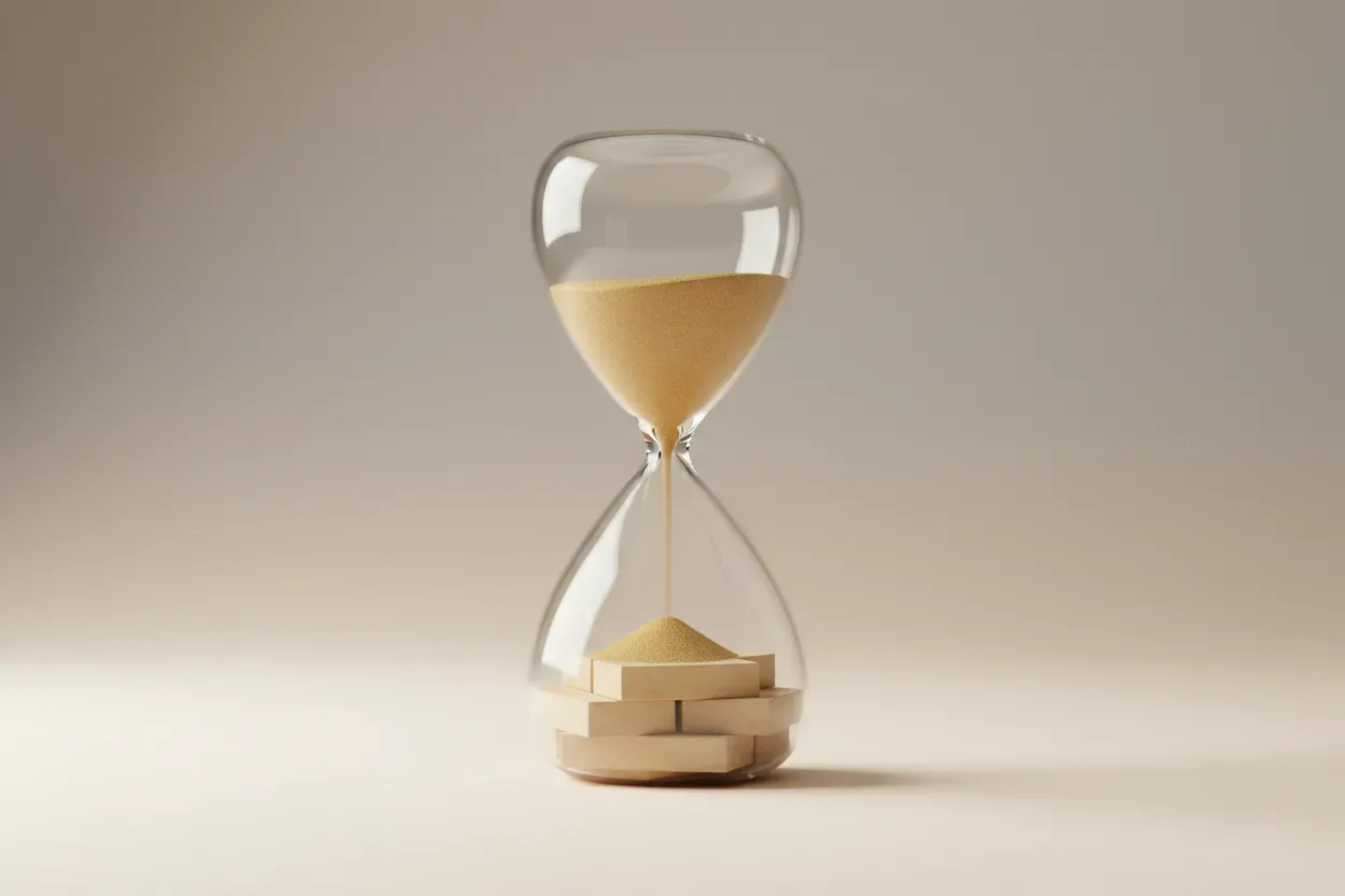 Minimalist hourglass where falling sand forms a neat stack of blocks, symbolizing paced growth and building scalable foundations.