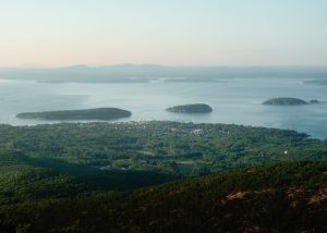 View over Bar Harbor's wooded coastline and offshore islands