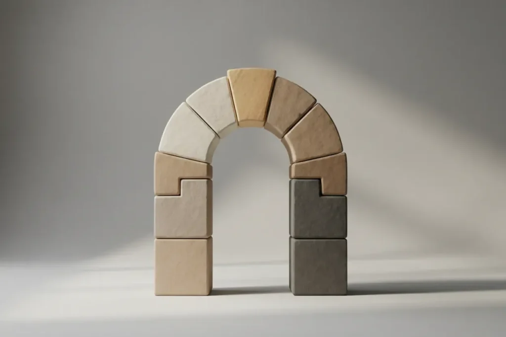 Interlocking stone arch with a prominent keystone symbolizing a strong foundation for leadership teams
