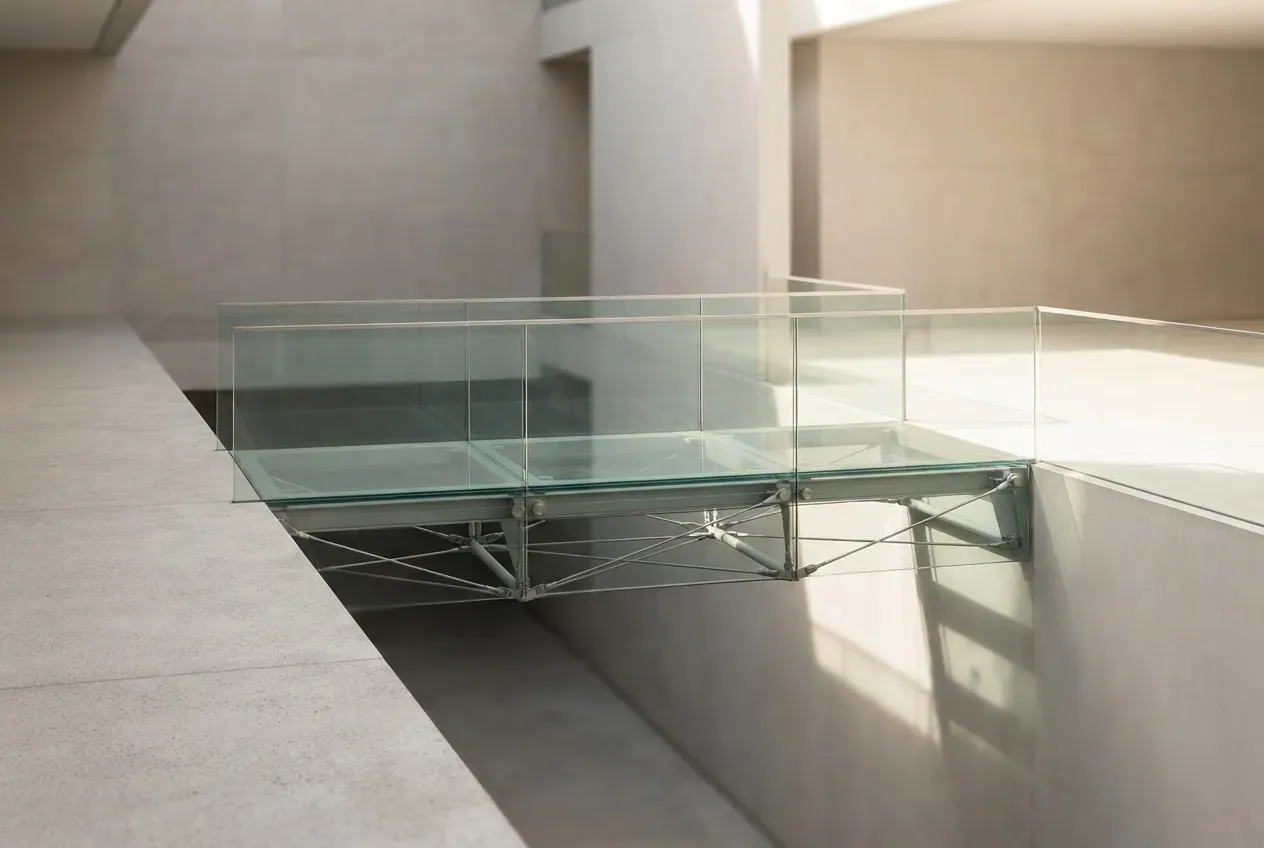 Transparent glass bridge crossing a shadowed gap toward light, symbolizing open communication and leadership through challenges.