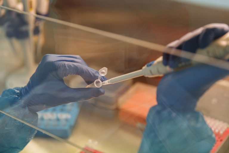 Gloved lab workers use a pipette to transfer a sample into a small tube