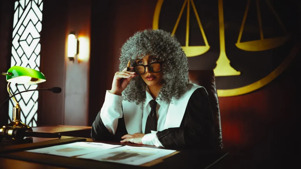 Judge in traditional attire sits at a courtroom desk with a serious expression