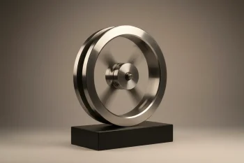 Polished steel flywheel on a minimal stand against a soft gray background, suggesting momentum and scalable systems.