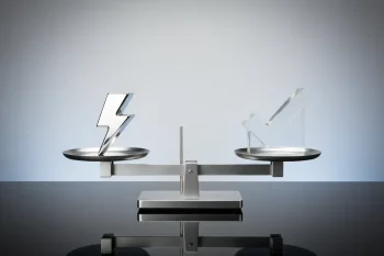 Balanced scale with a chrome lightning bolt and glass checkmark on a soft gray background, symbolizing speed and quality in harmony.