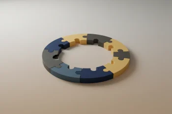 A minimalist circular puzzle, fully assembled, on a soft gray background, symbolizing workplace community and unity.