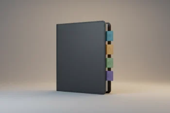 Minimalist policy binder with color-coded tabs and a highlighted caregiver-leave icon, on a soft neutral background.