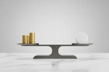 Minimal balance scale with stacked coins and a heart-shield benefits token on a soft gray background.