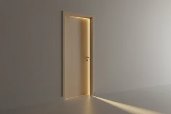 A single open office door with warm light spilling into a neutral hallway, symbolizing an open-door culture of psychological safety.