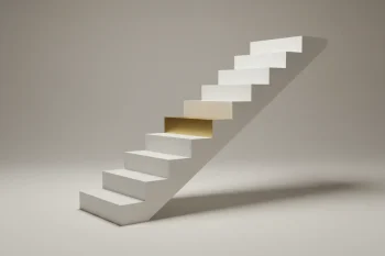 Minimalist staircase with one glowing brass step on a neutral background, symbolizing a structured career sponsorship pathway.