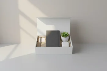 Open onboarding kit on a clean desk with notebook, keycard, pen, earbuds case, and a small plant on a soft neutral background.