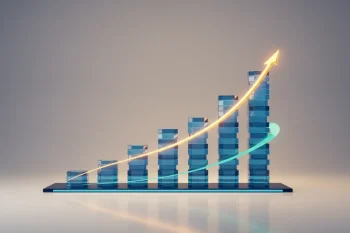 Translucent data columns rise along a glowing path, symbolizing analytics guiding a business scaling decision.