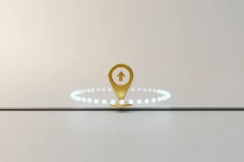 Golden milestone pin on a minimal timeline with a ring of glowing dots converging to symbolize feedback.