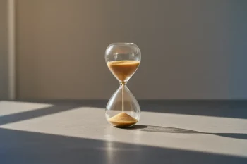 Elegant hourglass on a neutral surface, symbolizing protected time for self-care and unwinding.