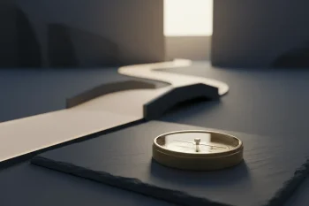 Brass compass pointing toward a curved path and bridge, symbolizing leadership through change and uncertainty.