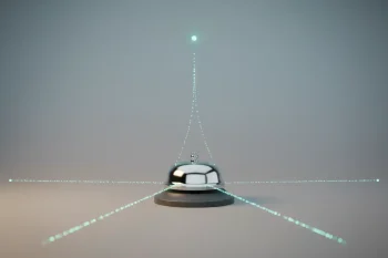 Polished service bell with converging dotted lines on a soft gradient background, symbolizing scalable, unified customer support.