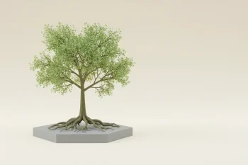 Young tree with strong roots anchored in a solid foundation, symbolizing sustainable startup growth.