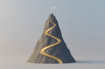 Minimalist mountain with a glowing path highlighting a steep bottleneck, ending at a small summit flag.