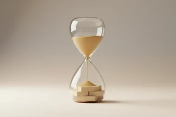 Minimalist hourglass where falling sand forms a neat stack of blocks, symbolizing paced growth and building scalable foundations.