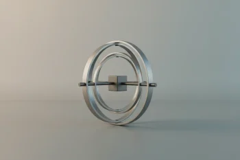 Minimalist three-axis gimbal with a suspended cube on a soft gray background, symbolizing agile stability and adaptability.